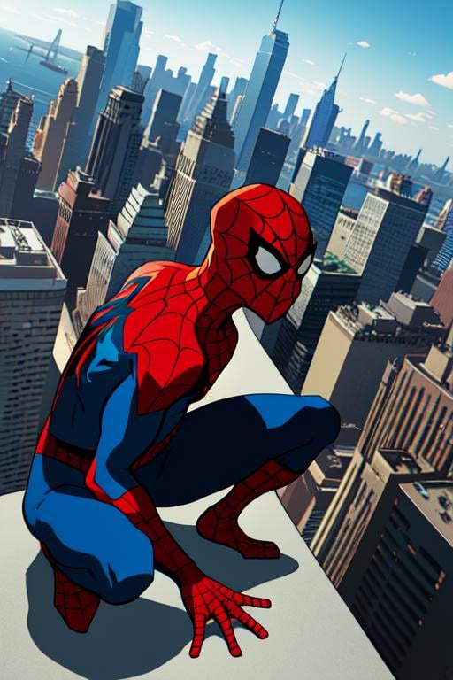 comic book style, flat colors, Spiderman, man, (crouching down, spider-man pose, back to camera), facing away, male toned body, perched on top of a high metal construction site, spiderman mask, overlooking manhattan, buildings, somber moment, skyscrapers, looking down, detailed background, day time, (wide shot), foreshortened perspective, 3-point perspective, dutch angle,<lora:CartoonCraftLora_V1:1>