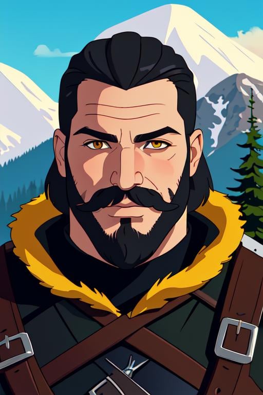 witcher, masterpiece, best quality, solo, 1boy, facial hair, beard, male focus, outdoors, mountain, short hair, black hair, yellow eyes, tree, upper body, sky, day, fur trim, mature male, looking at viewer, mustache,<lora:CartoonCraftLora_V1:0.75>