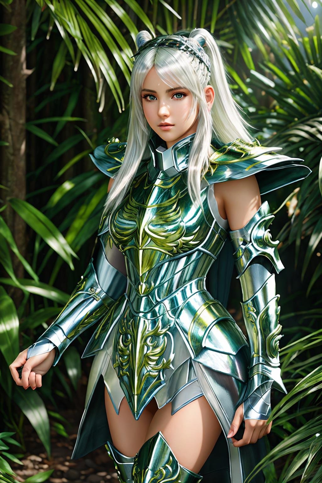 <lora:saint_cloth_v2:1> masterpiece of photorealism, photorealistic highly detailed 8k photography, best hyperrealistic quality, volumetric lighting and shadows, young woman in saint_cloth divine_armor, half-up half-down hairstyle platinum blonde, Ancient Temples Hidden in Jungle Canopies, Epic Slow Zoom Into a Subject's Face