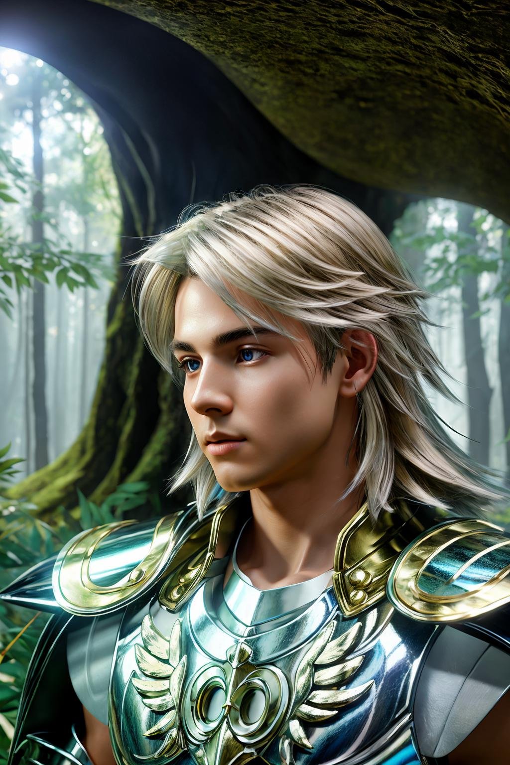 <lora:saint_cloth_v2:1> masterpiece of photorealism, photorealistic highly detailed 8k photography, best hyperrealistic quality, volumetric lighting and shadows, young man in saint_cloth divine_armor, half-up half-down hairstyle ash blonde, Mystical Glowing Mushrooms in Forests, 360-Degree Panorama Inside a Cave