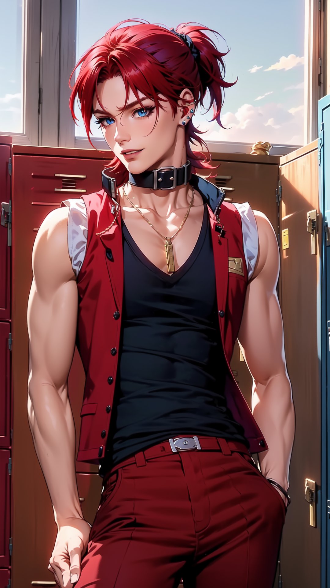 ((masterpiece)), ((best quality)), ((ultra-detailed)), realistic lighting, anime style, (cowboy shot:1.5), (leaning on lockers, looking to the side:2.0), (1boys, male focus, solo:1.5), (pale skin:1.8), (skinny, abs, pectorals, collarbones, perfect hands, thighs, earrings, necklace, mechanical arm:1.5), (shirtless, red vest, sleeveless vest, brown pants, collar:1.5), (red hair, high ponytail:1.5), (blue eyes, tsurime, black eyeliner, long eyelashes:1.4), (parted lips, seductive smile), (locker room background, lockers, window, dusk:1.3), 1boy, Luka