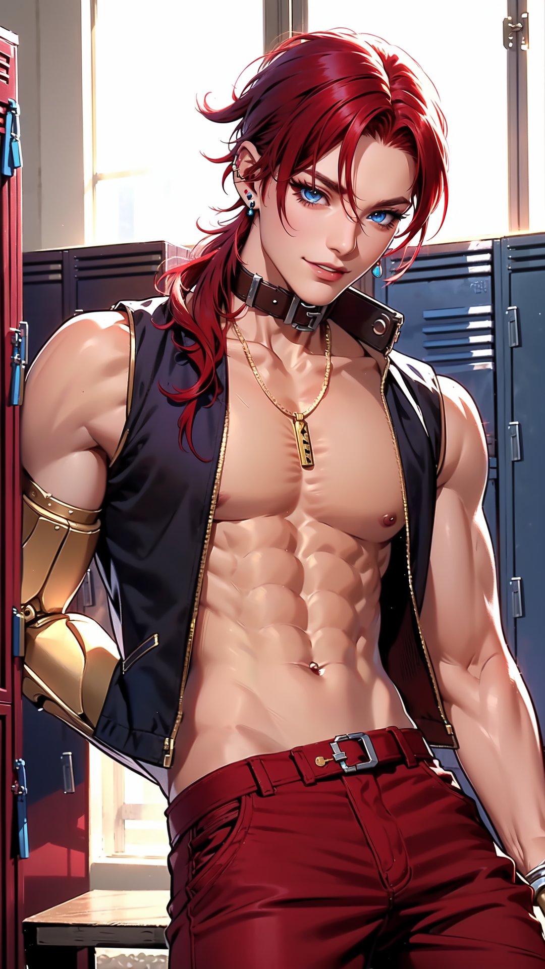 ((masterpiece)), ((best quality)), ((ultra-detailed)), realistic lighting, anime style, (cowboy shot:1.5), (leaning on lockers, looking to the side:2.0), (1boys, male focus, solo:1.5), (pale skin:1.8), (skinny, abs, pectorals, collarbones, perfect hands, thighs, earrings, necklace, single mechanical arm:1.5), (shirtless, sleeveless red vest, brown pants, collar:1.5), (red hair, high ponytail:1.5), (blue eyes, tsurime, black eyeliner, long eyelashes:1.4), (parted lips, seductive smile), (locker room background, lockers, window, dusk:1.3), 1boy, Luka