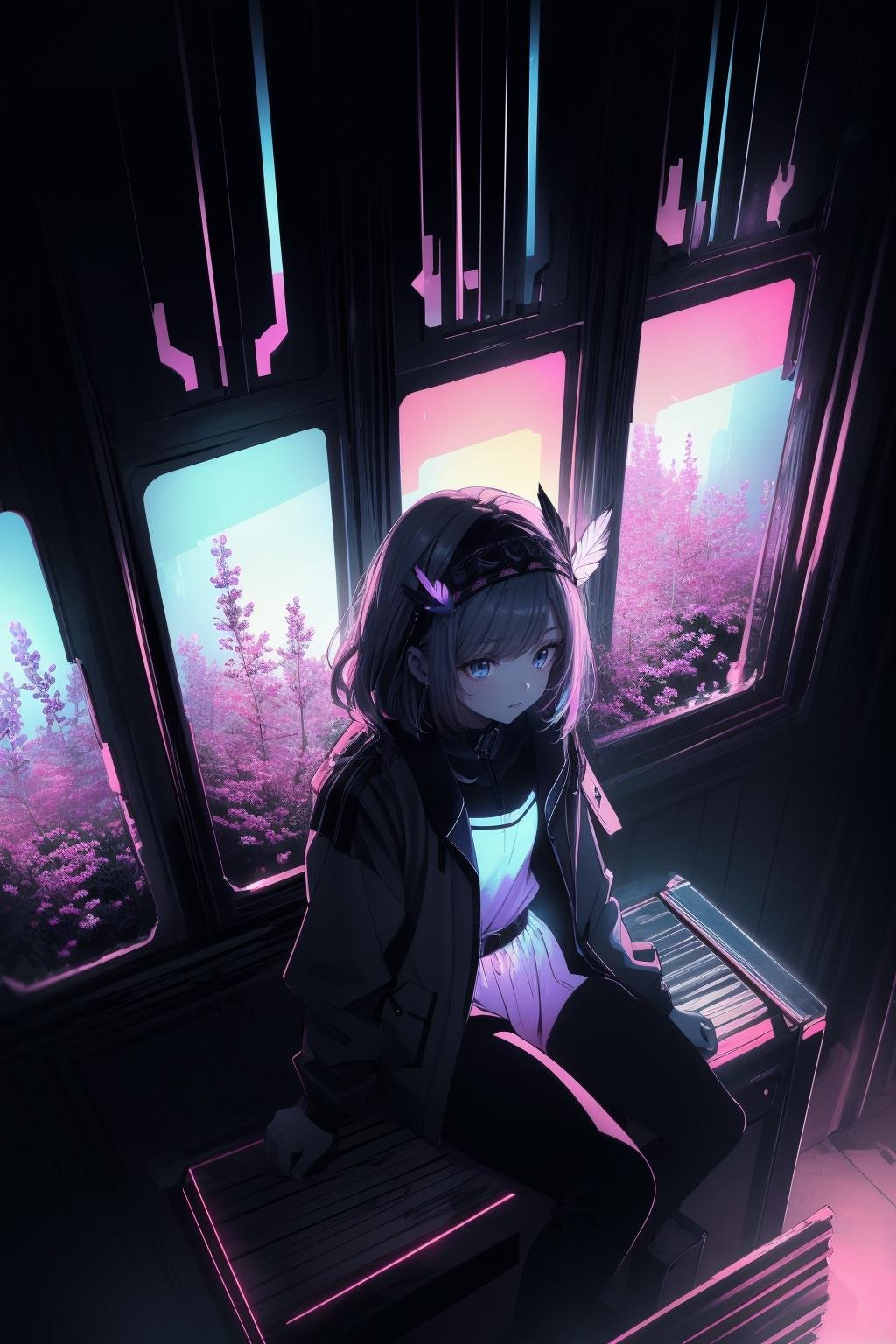 synth wave style girl, extremely detailed CG ,(masterpiece), (best quality), (limited palette), pink fluorescent paint, noline art, silhouette, partially colored, (alternate color:1.2), dynamic angle, (black, dark Lavender blue:1.18), dark shadow, (synth wave), (chromatic aberration) , (((thick) outline)), outline, (solo focus), neon lights, perfect shadow, cowboy shot, expressive, happy, tribal headdress, (tribal clothing), feather headdress, wearing a jacket, short wavy delicate hair, delicate face, sitting on the top of a building, beautiful and delicate eyes, (1girl:1.2), solo, from above, delicate background, jungle with neon lights