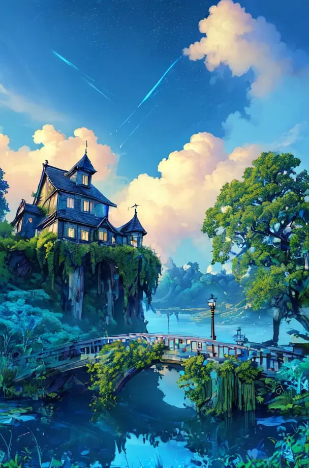 (masterpiece,best quality:1.5), scenery, sky, no humans, outdoors, day, cloud, blue sky, tree, building, fantasy, bridge, overgrown, uhd image, glassy translucence, vibrant illustrations, ultra realistic, long hair, mysterious sea, firefly, bokeh, mysterious, night, sky, cloud
