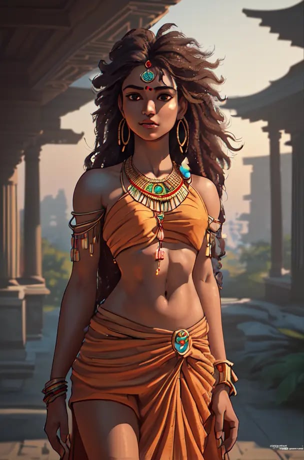 high Detail RAW color Photo, Full Shot, front angle, of (cute Indian female, curly long hair, wearing Indian Necklace and jewelries and Indian cloths, with belly piercing ), outdoors, standing, looking at the camera, (in background Indian temples and people), toned physique, large ass, perfect face, seductive look, (detailed skin, diffused skin pores), (highly detailed, fine details, intricate), (lens flare:0.5), (bloom:0.5), smog, dust, (badlands:0.8), (observitory:0.7), raytracing, specular lighting, shallow depth of field, photographed on a Sony Alpha 1, EF 85mm lens, f/2.8, hard focus, smooth, cinematic film still