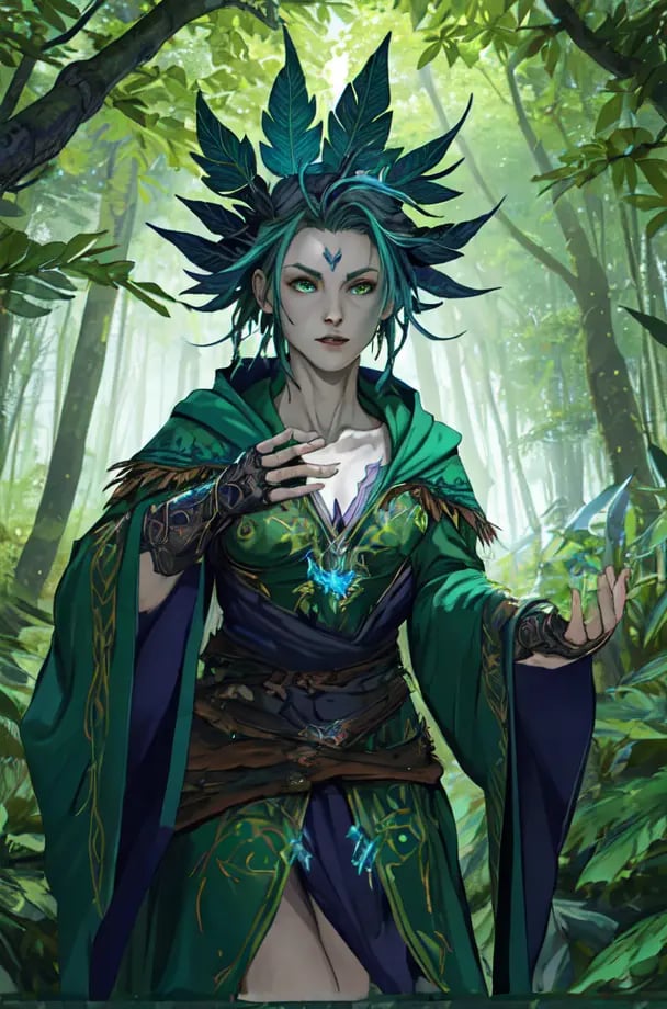 Female Mage wearing Dark Steel Gauntlets with Enchanted Runes and Cobalt Edges , Verdant Green Druid Robe with Leaf Patterns: Leaf patterns and nature-inspired designs adorn the robe, connecting the wearer to the earth, in the forest,upper body,impasto by Johan Grenier