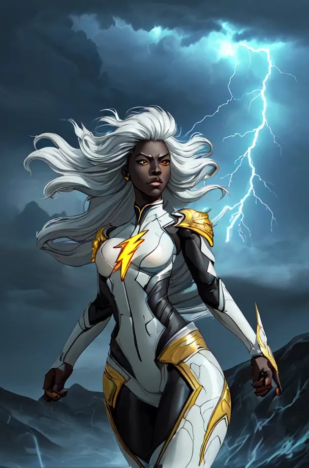 best quality, masterpiece, realistic, intricate, highly detailed, beautiful (african ebony woman:1.2), (black skin:1.4), white hair, yellow eyes, angry, BREAK, (simple white supersuit), flying, arms spread, lightning auras, lightning all over body, BREAK, (wind blow, windy:1.3), (flowing hair, wild hair:1.3), BREAK, night, dark, (shining light foreground:1.2), atmospheric fog, blue and cloudy dark sky, (cloudy, thunder, yellow lightning, storm:1.2), dramatic scenery, (hyper detailed sky background), BREAK, epic artistic, light rays, ambient light, high key, action line, (splash art:1.2), (intricate detailed light particles:1.3), lens flare, BREAK, cowboy shot, (flying pose), face focus, centered, looking at viewer, front view