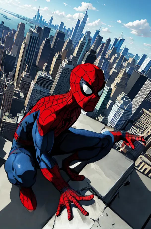 comic book style, flat colors, Spiderman, man, (crouching down, spider-man pose, back to camera), facing away, male toned body, perched on top of a high metal construction site, spiderman mask, overlooking manhattan, buildings, somber moment, skyscrapers, looking down, detailed background, day time, (wide shot), foreshortened perspective, 3-point perspective, dutch angle