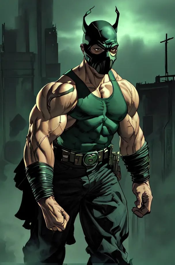 by david finch, Bane, solo, 1boy, male focus, belt, mask, muscular, black tank top, black pants, fog, green fog, muscular male, veins, superhero