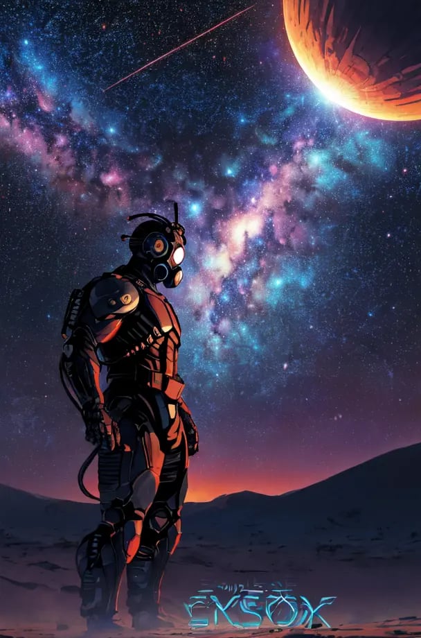 (scifi book cover art), ((large title text)), a [cyborg terminator|shirtless] man, wearing a gas mask, in a desert, colorful hair, perfect face, (side view), nice thighs, night time, starry night, galaxies and cosmos, magic explosions in background, cool atmosphere, 8k, uhd, absurdres, prominent outline linework, flat colors