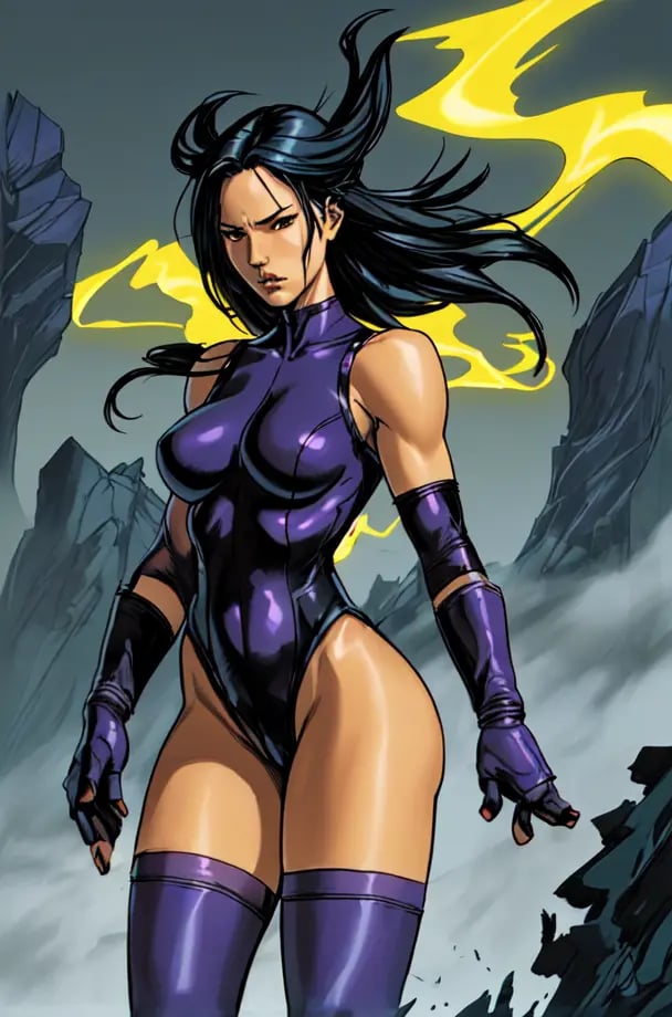 by david finch, psylocke, 1girl, solo, long hair, breasts, large breasts, black hair, thighhighs, gloves, elbow gloves, leotard, torn clothes, torn leotard, fog, yellow fog, haze