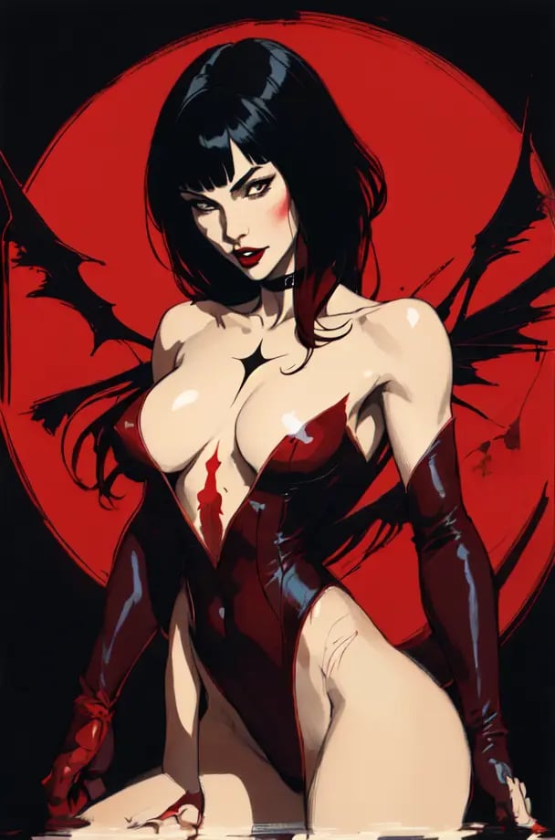 beautiful vampirella, sharp eyes, hourglass body, perfect eyes, perfect lips, perfect face, acrylic painting, (colored sketch style), art style by frank frazetta, hyper realistic, hand drawn painting, detailed thick line art, fantasy art by Greg Rutkowski, artstation, painting with red and black color of field, high contrast, hyper realism, intricate detailed photorealistic portrait photograph, outlined, red and black background