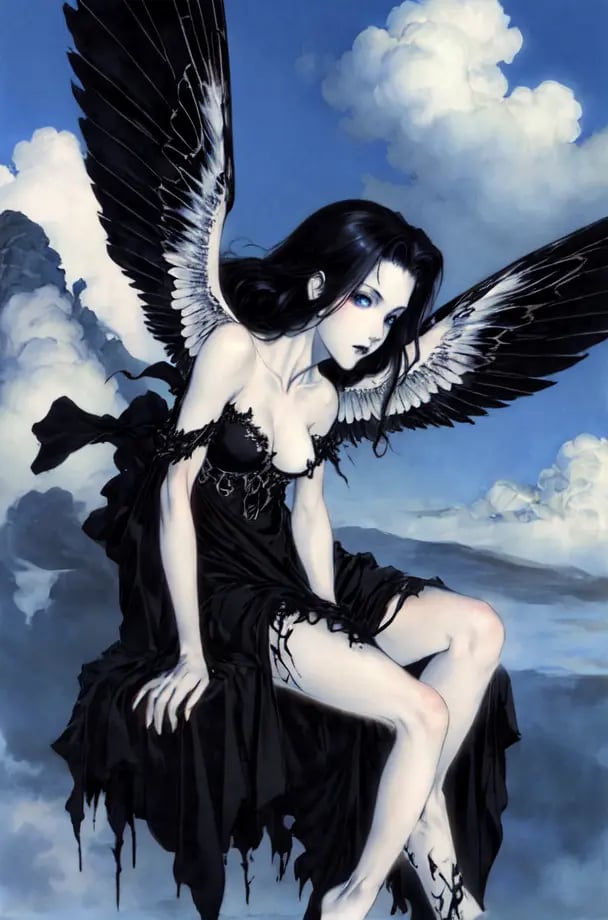 alluring succubus, black dress, ethereal beauty, perched on a cloud, enchanting gaze, captivating pose, delicate wings, otherworldly charm, mystical sky,upper body,impasto by Luis Royo and Yoshitaka Amano