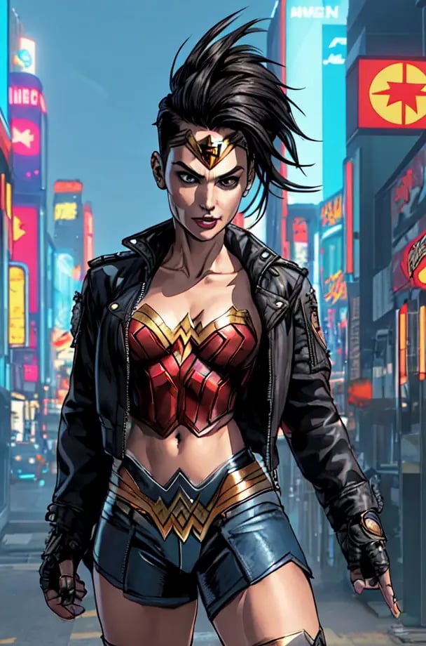 wonder woman, dressed as a punk, shaved side head hairstyle, detailed long hair, wearing short unzipped crop army jacket, crop top, cleavage, smirking, cyberpunk style, professional comic book style, daytime skies