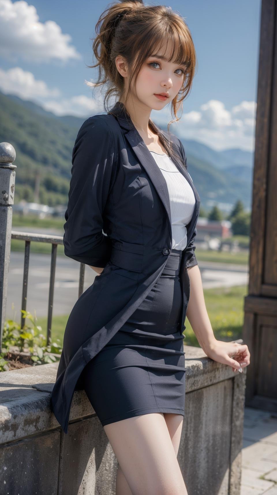 best quality,HDR,UHD,8K,Vivid Colors,solo,front view,photo_(medium),(1girl:1.3),(looking at viewer:1.4),ponytail,<lora:add_detail:0.5>,standing,outside,sky,mountain,flower,<lora:rc12:0.75>, rc,pencil skirt,coat,shirt,