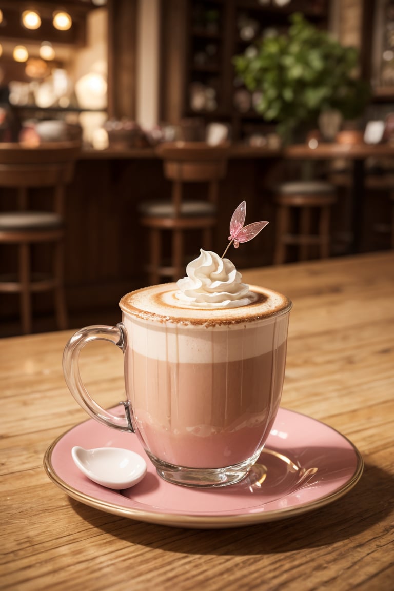 a magical fairy latte, in a transparent pink-tinted glass, high quality, inside of a fairy cafe, 8k, concept art, elegant
