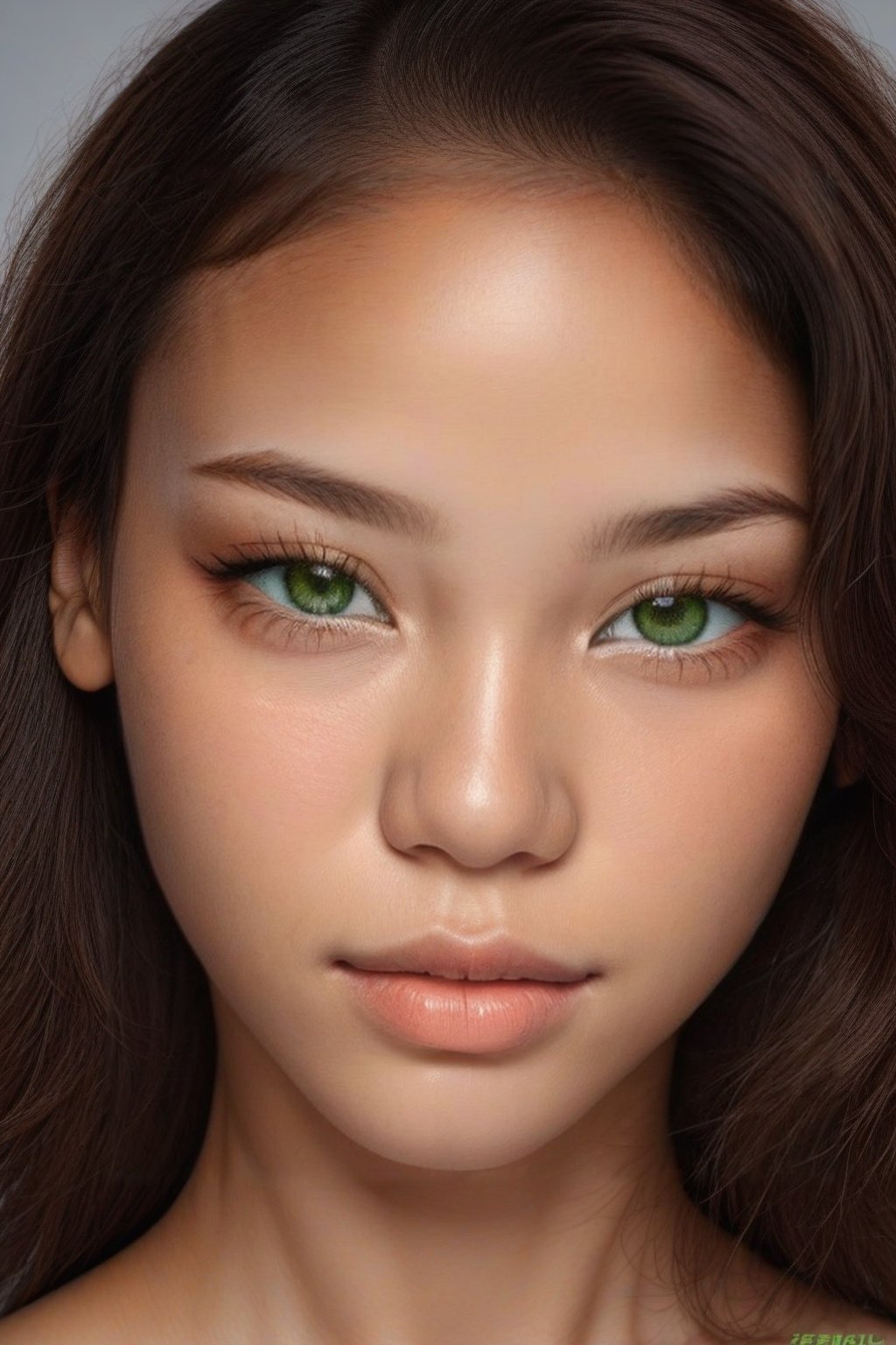 Photographic image of a biracial (European/Asian) woman, brown hair, green eyes, Asian skin, Head and shoulders, fine details, detailed skin, goosebumps, blush, sweat, detailed eyes, looking at camera, fashion pose, sexy, enticing, smirk, Yoko, fFaceDetail, girl