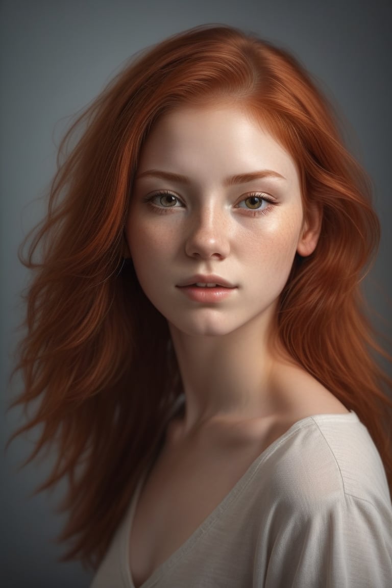 professional photograph of a redhead young woman indoors, headshot,
hyperrealistic, masterpiece, 8k, trending on artstation, centerfold, hazy atmosphere,
18yo, 1girl, profile,more detail XL  ,1girl,yoko