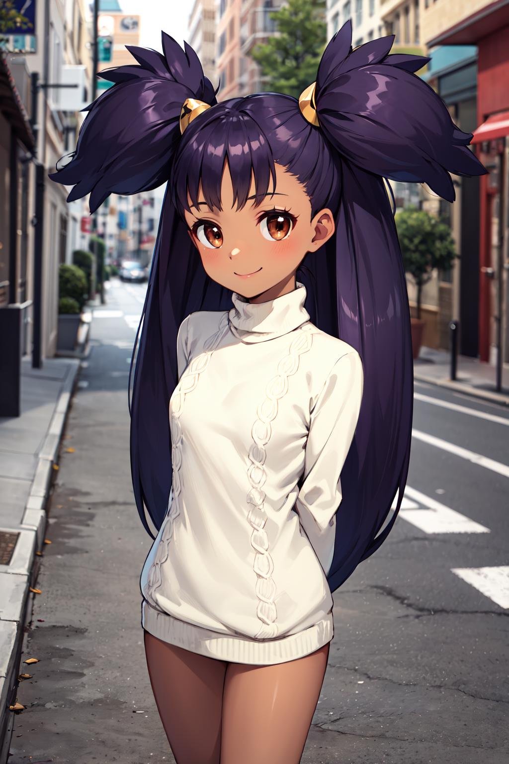 masterpiece,best quality,highres,ultra-detailed,aairis,brown eyes,very long hair,big hair,two side up,hair ornament,dark skin,<lora:iris_(pokemon):0.9>,(sweater:1.2),(turtleneck:1.2),street,smile,standing,cowboy shot,arms_behind_back,