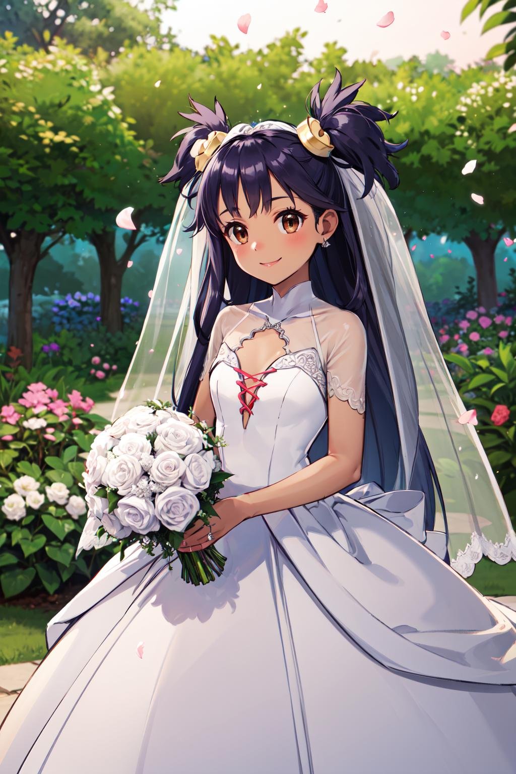 masterpiece,best quality,highres,ultra-detailed,aairis,brown eyes,very long hair,big hair,two side up,hair ornament,dark skin,<lora:iris_(pokemon):0.9>,(wedding dress:1.2),white dress,(veil:1.2),garden,smile,outdoors,standing,cowboy shot,holding bouquet,