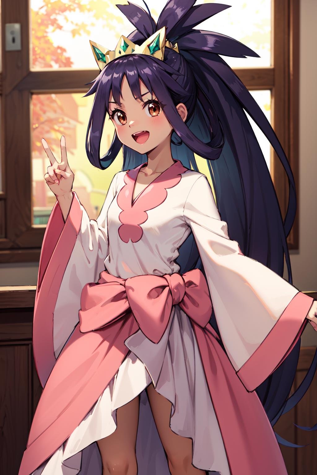 masterpiece,best quality,highres,ultra-detailed,bbiris,tiara,brown eyes,very long hair,ponytail,hair rings,bangs,dark skin,hagoromo,dress,pink dress,shirt,long sleeves,wide sleeves,waist bow,pink skirt,sandals,<lora:iris_(pokemon):0.9>,indoors,standing,:d,cowboy shot,peace sign,