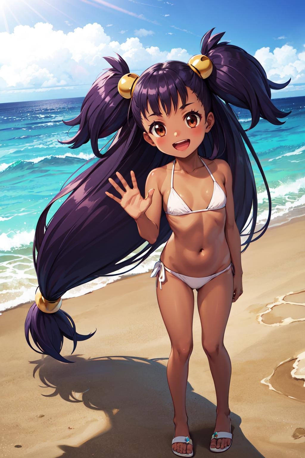 masterpiece,best quality,highres,ultra-detailed,aairis,brown eyes,very long hair,big hair,two side up,hair ornament,dark skin,<lora:iris_(pokemon):0.9>,one-piece tan,standing,ocean,:d,bikini,waving,