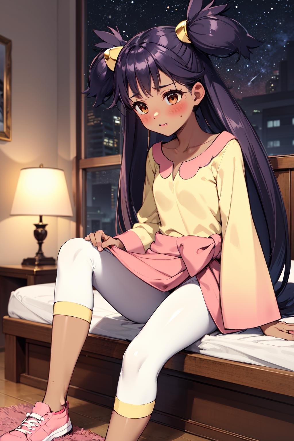 masterpiece,best quality,highres,ultra-detailed,aairis,brown eyes,very long hair,big hair,two side up,hair ornament,dark skin,(yellow shirt:1.1),long sleeves,wide sleeves,waist bow,leggings,pink shoes,<lora:iris_(pokemon):0.9>,indoors,sitting,bed,blush,(embarrass:1.2),night,