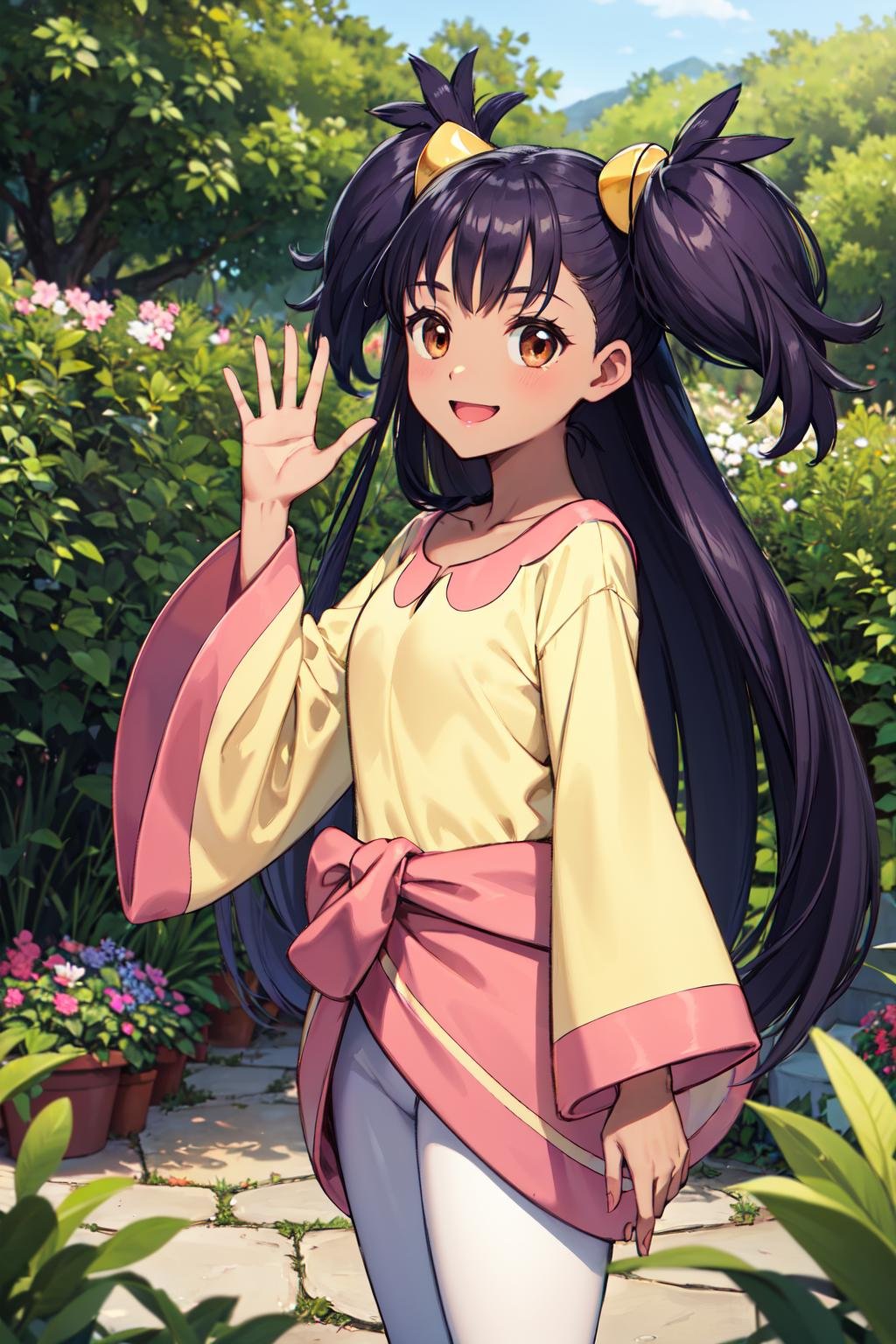 masterpiece,best quality,highres,ultra-detailed,aairis,brown eyes,very long hair,big hair,two side up,hair ornament,dark skin,(yellow shirt:1.1),long sleeves,wide sleeves,waist bow,leggings,pink shoes,<lora:iris_(pokemon):0.9>,outdoors,garden,standing,smile,cowboy shot,waving,