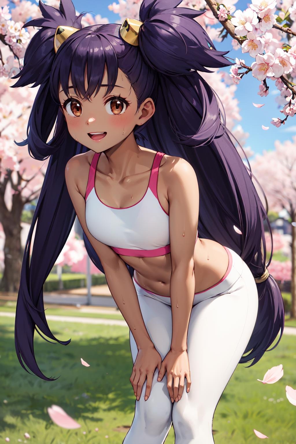 masterpiece,best quality,highres,ultra-detailed,aairis,brown eyes,very long hair,big hair,two side up,hair ornament,dark skin,<lora:iris_(pokemon):0.9>,sports bra,(leggings:1.2),outdoors,cherry blossoms,smile,sweat,leaning forward,hands_on_own_knees,