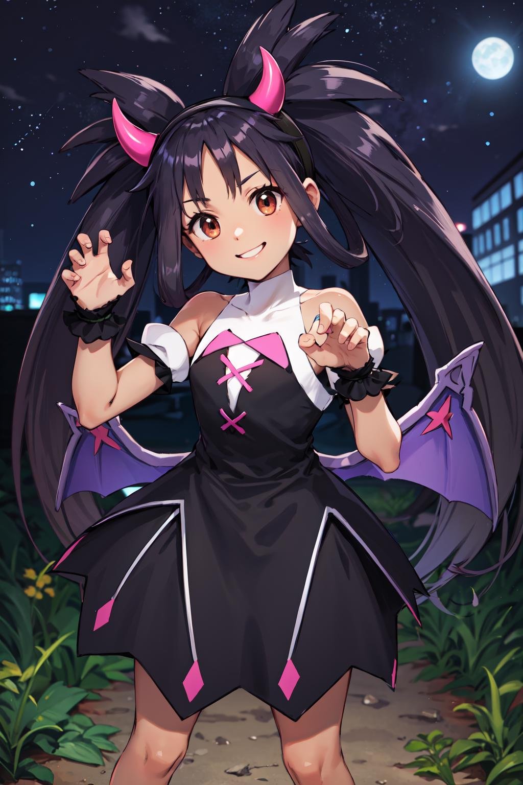 masterpiece,best quality,highres,ultra-detailed,cciris,fake horns,hairband,brown eyes,long hair,twintails,hair rings,bangs,dark skin,black dress,sleeveless,wrist cuffs,fake wings,skirt,black skirt,socks,black socks,shoes,(pink footwear:1.2),<lora:iris_(pokemon):0.9>,outdoors,night,standing,cowboy shot,(cat_pose:1.2),smile,