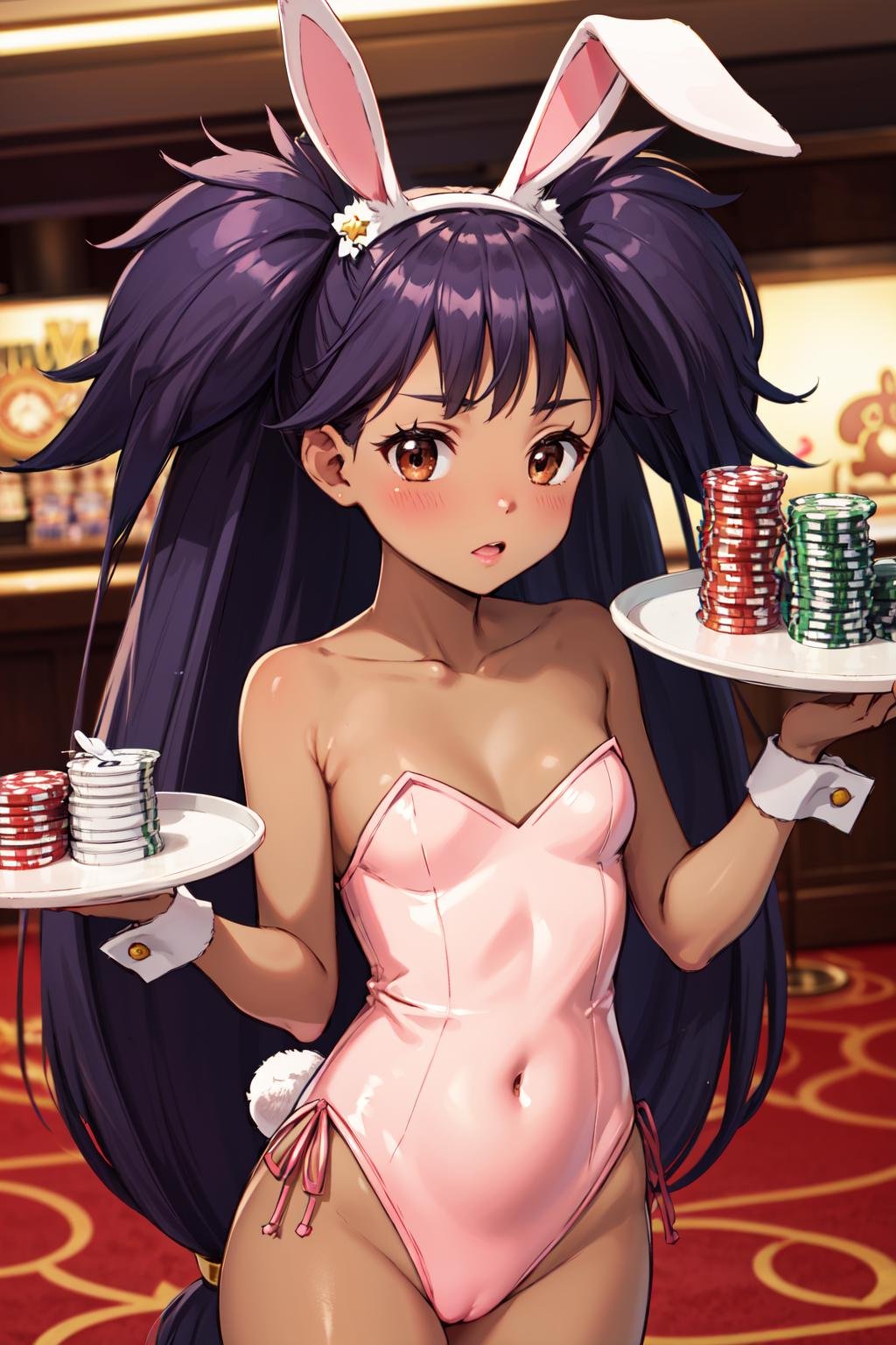 masterpiece,best quality,highres,ultra-detailed,aairis,brown eyes,very long hair,big hair,two side up,hair ornament,dark skin,<lora:iris_(pokemon):0.9>,(rabbit ears:1.2),playboy bunny,casino,holding tray,embarrassed,blush,standing,