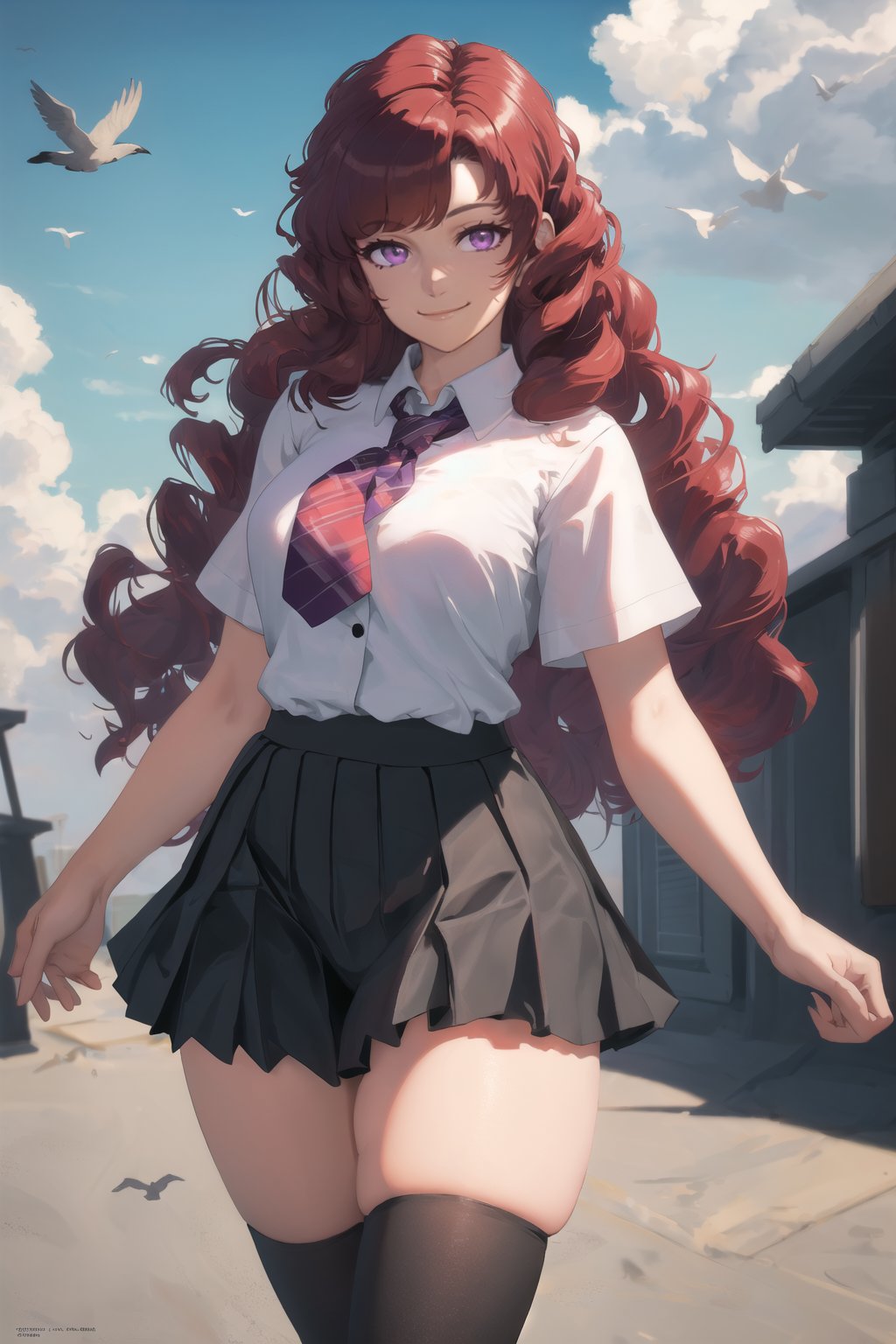 masterpiece, best quality, highly detailed background, perfect lighting, best quality, (extremely detailed face), volumetric lighting, intricate details, shadow, tonemapping, sharp focus, hyper detailed, trending on Artstation, (solo)
BREAK
(Red hair, curly hair, big hair purple eyes, long hair, wide hips, hair down, curvy_figure, thick-thighs, curvy, curvy_hips, slender_waist), (hands)
BREAK
(school uniform, white shirt, black skirt, pleated skirt, black legwear, short sleeves, buttons)
BREAK
(school, sky background, clouds, birds, cover)
BREAK
Closed_mouth, light smile, looking at viewer,