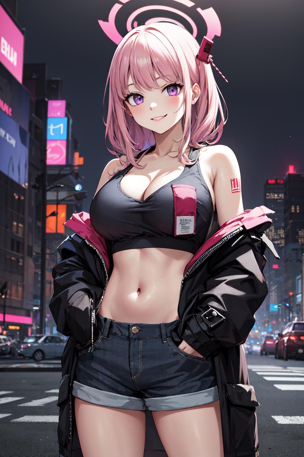 masterpiece,best quality,highres,ultra-detailed,aaeimi,halo,purple eyes,long hair,bangs,large breasts,cleavage,<lora:eimi_(blue_archive):0.8>,(cyberpunk:1.1),city,black jacket,crop top,midriff,(hand in pocket:1.4),smirk,shorts,