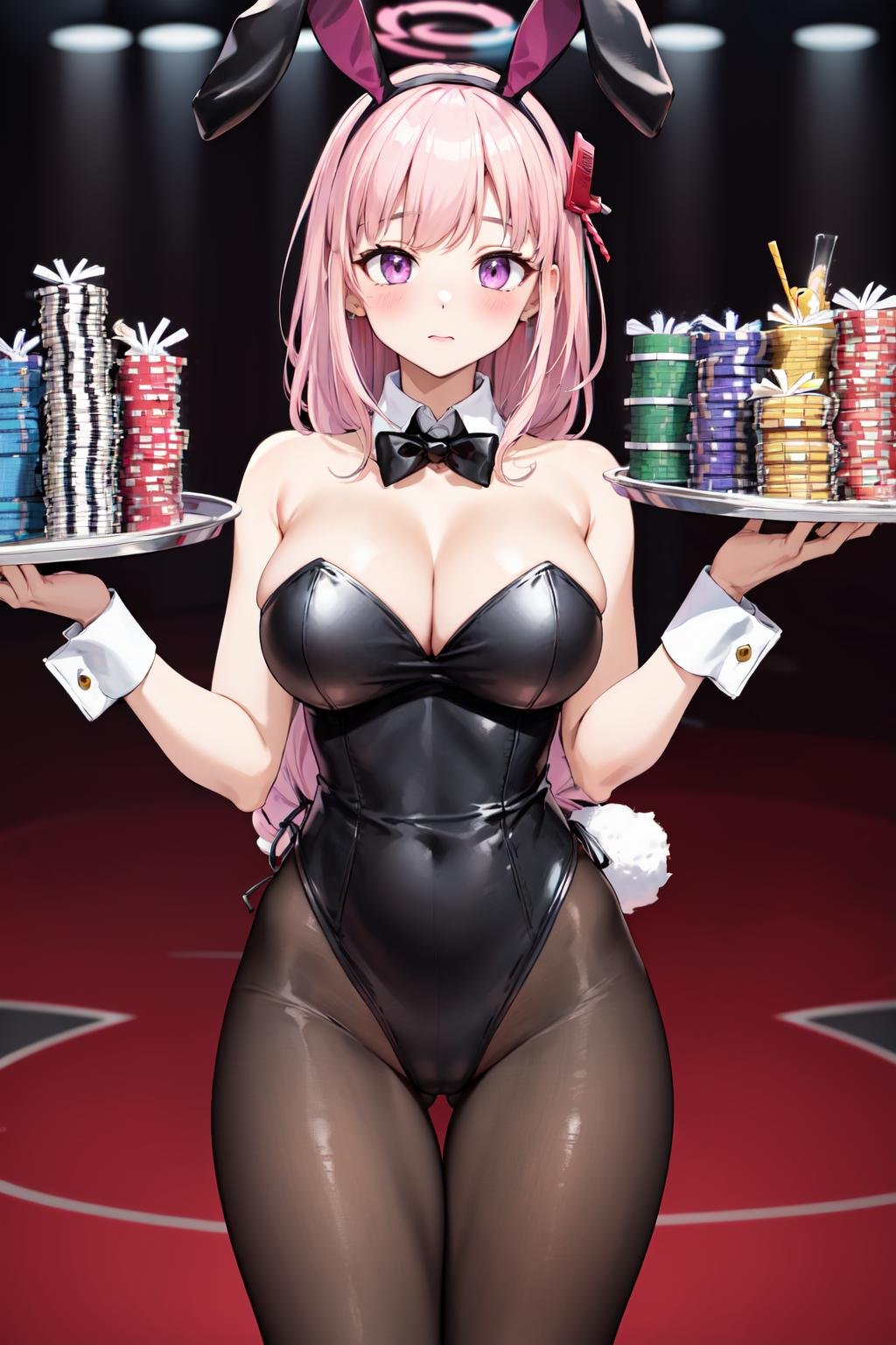 masterpiece,best quality,highres,ultra-detailed,aaeimi,halo,purple eyes,long hair,bangs,large breasts,<lora:eimi_(blue_archive):0.8>,(rabbit ears:1.2),playboy bunny,casino,holding tray,embarrassed,blush,standing,