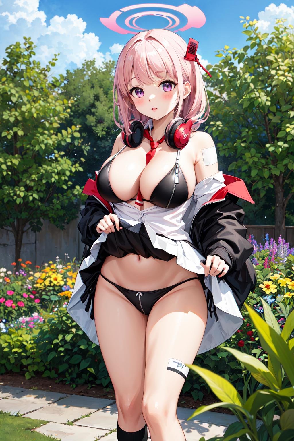 masterpiece,best quality,highres,ultra-detailed,aaeimi,halo,purple eyes,long hair,bangs,large breasts,headphones around neck,cleavage,off shoulder,(black jacket:1.1),open clothes,long sleeves,shirt,(white shirt:1.4),red necktie,necktie between breasts,(black bikini:1.1),zipper,(white skirt:1.2),bandaid on leg,(black socks:1.2),shoes,black footwear,<lora:eimi_(blue_archive):0.8>,(skirt lift:1.4),blush,(embarrass:1.2),outdoors,garden,panties,