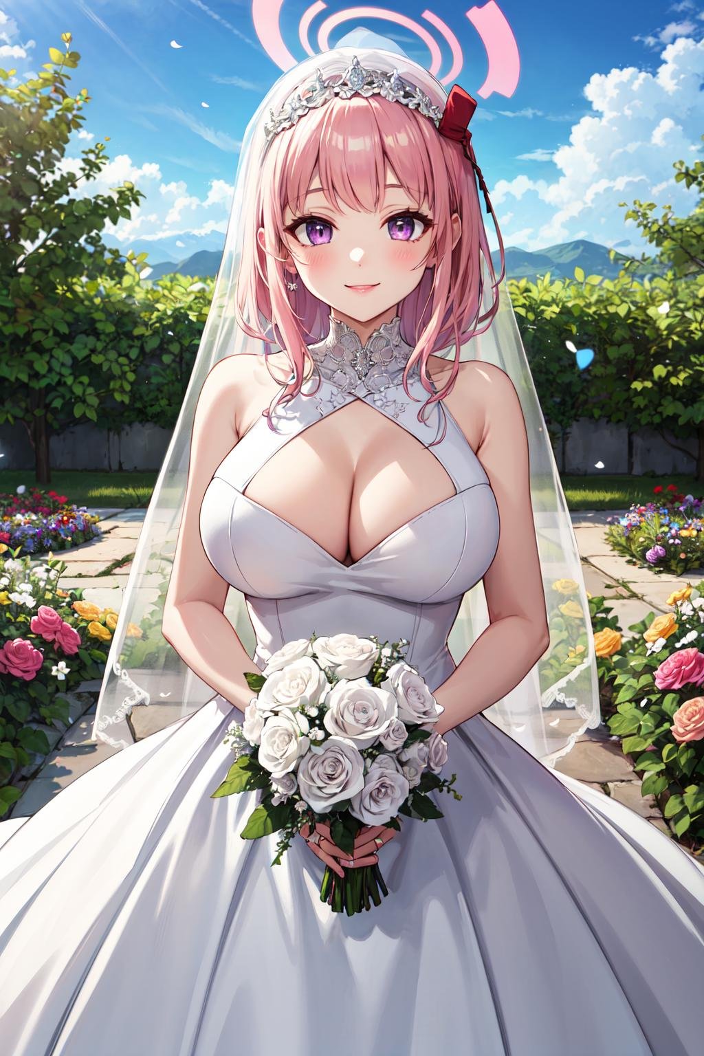 masterpiece,best quality,highres,ultra-detailed,aaeimi,halo,purple eyes,long hair,bangs,large breasts,cleavage,<lora:eimi_(blue_archive):0.8>,(wedding dress:1.2),white dress,(veil:1.2),garden,smile,outdoors,standing,cowboy shot,holding bouquet,