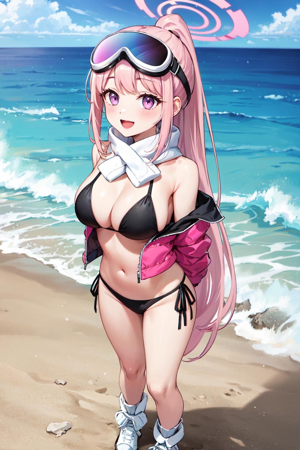 masterpiece,best quality,highres,ultra-detailed,bbeimi,halo,purple eyes,long hair,ponytail,bangs,large breasts,cleavage,goggles,goggles on head,pink jacket,long sleeves,open clothes,off shoulder,white scarf,halterneck,scarf,black bikini,side-tie bikini bottom,boots,(white footwear:1.2),<lora:eimi_(blue_archive):0.8>,outdoors,ocean,standing,:d,arms_behind_back,