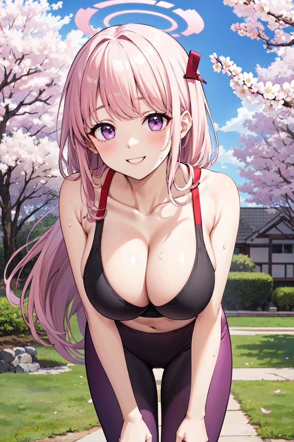 masterpiece,best quality,highres,ultra-detailed,aaeimi,halo,purple eyes,long hair,bangs,large breasts,cleavage,<lora:eimi_(blue_archive):0.8>,sports bra,(leggings:1.2),outdoors,cherry blossoms,smile,sweat,leaning forward,hands_on_own_knees,