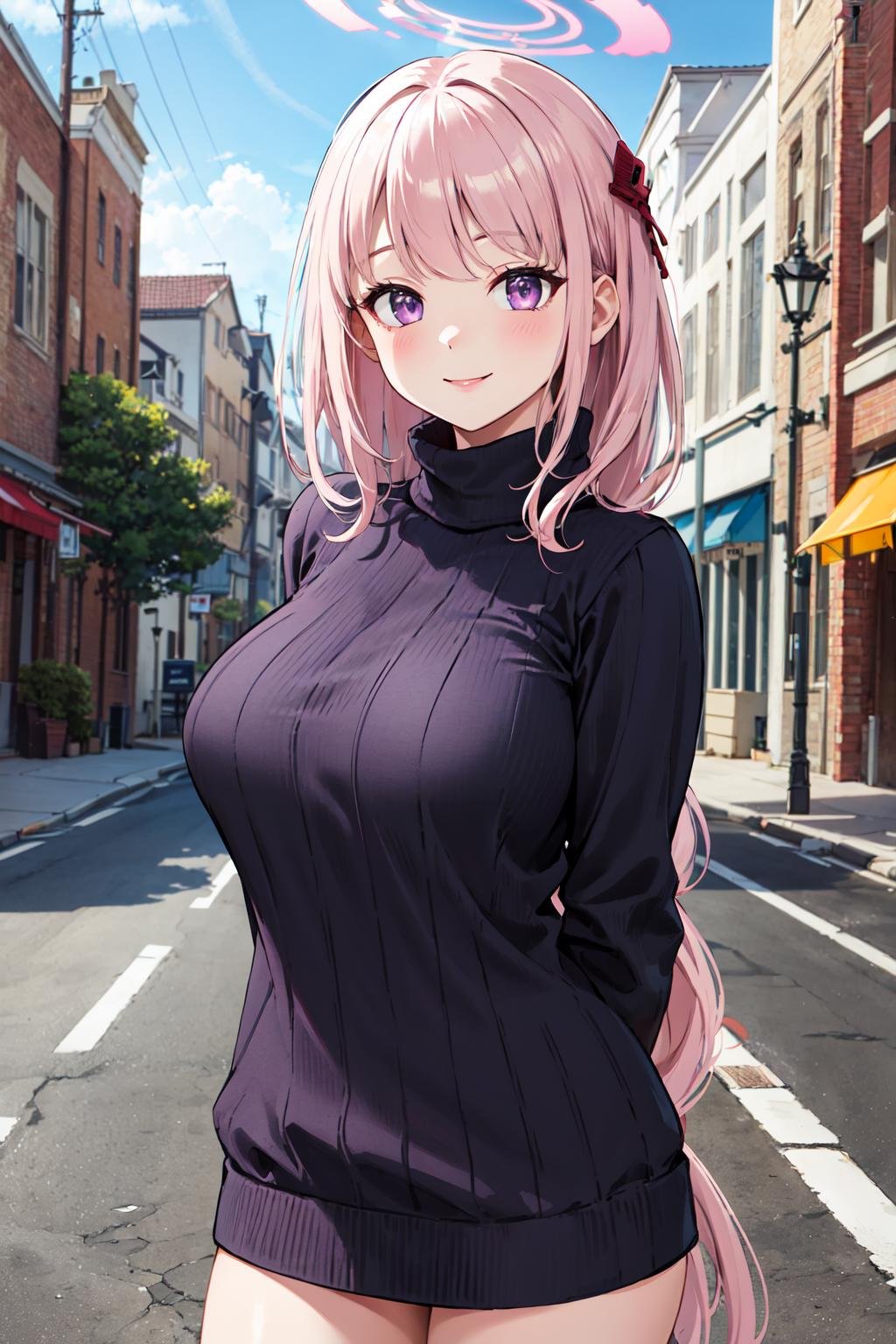masterpiece,best quality,highres,ultra-detailed,aaeimi,halo,purple eyes,long hair,bangs,large breasts,<lora:eimi_(blue_archive):0.8>,(sweater:1.2),(turtleneck:1.2),street,smile,standing,cowboy shot,arms_behind_back,
