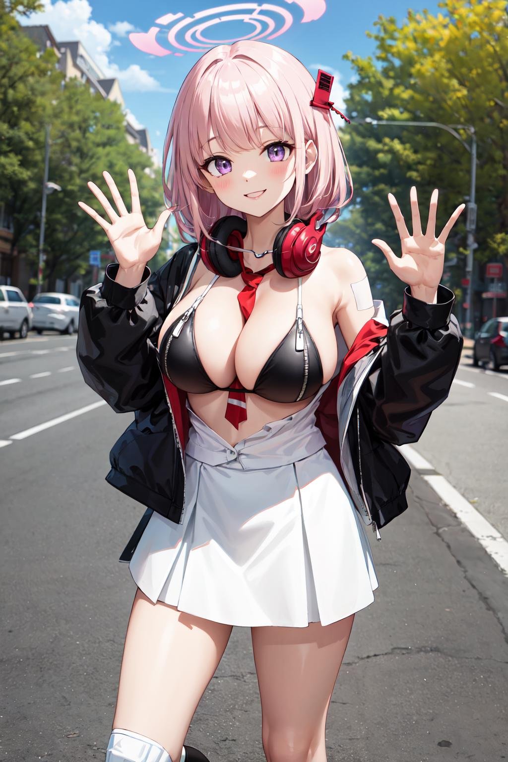 masterpiece,best quality,highres,ultra-detailed,aaeimi,halo,purple eyes,long hair,bangs,large breasts,headphones around neck,cleavage,off shoulder,(black jacket:1.1),open clothes,long sleeves,shirt,(white shirt:1.4),red necktie,necktie between breasts,(black bikini:1.1),zipper,(white skirt:1.2),bandaid on leg,(black socks:1.2),shoes,black footwear,<lora:eimi_(blue_archive):0.8>,outdoors,cowboy shot,smile,waving,standing,