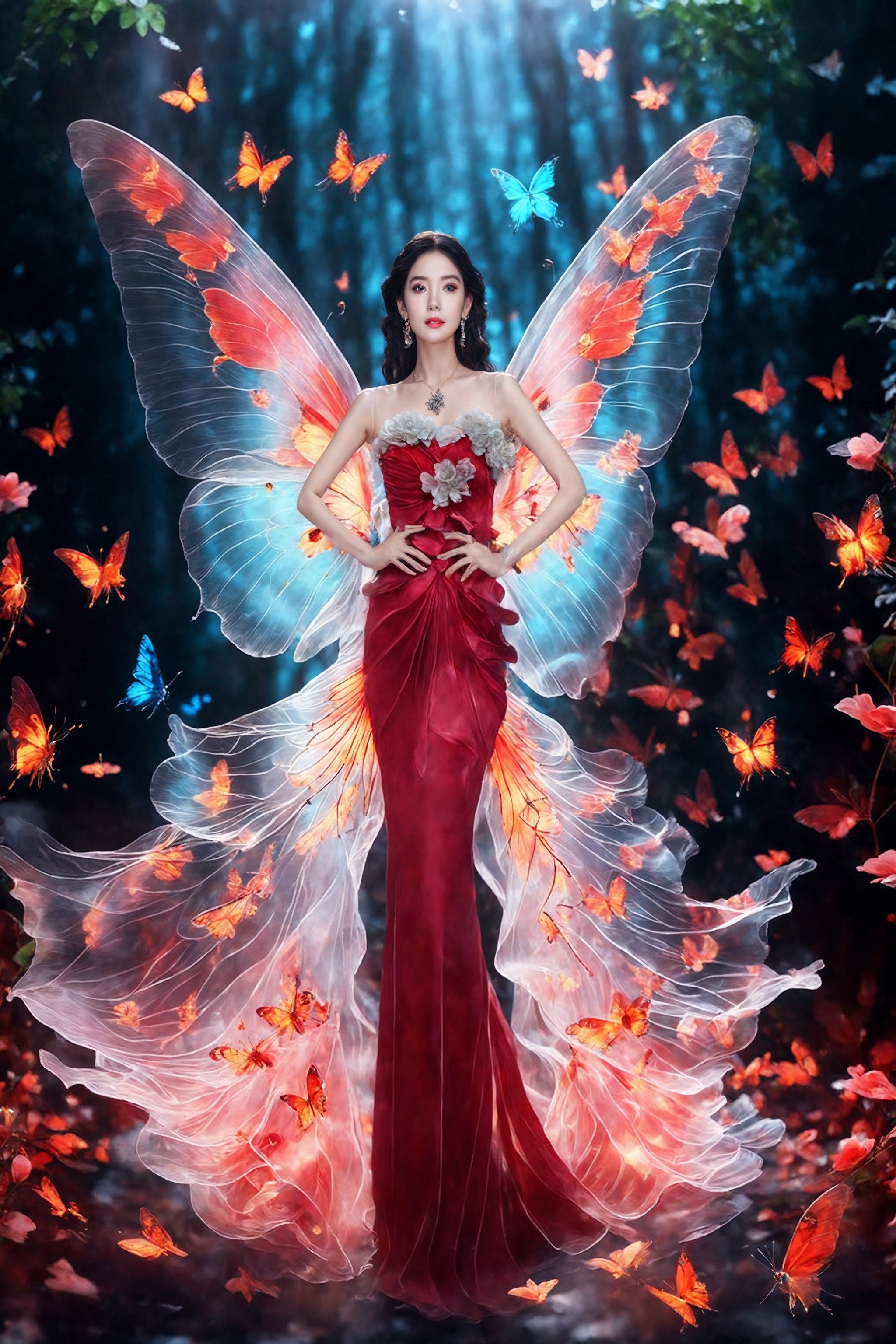 masterpiece:1.3),  (8K,  realisticlying,  RAW photogr,  Best quality at best: 1.4),  ,  ultra - detailed,  Cinematic lighting,  HighDynamicRange,  (magic girl),  Xunisheying,  1 girl,  solo,  jewelry,  rose red dress,  black hair,  bugs,  butterflies,  earrings,  long hair,  transparent wings,  huge wings,  flowers,  (( Normal arms,  normal hands,  5 fingers per hand:1.5)),  ((Beautiful eyes,  big eyes,  HD details)),<lora:EMS-225251-EMS:1.000000>