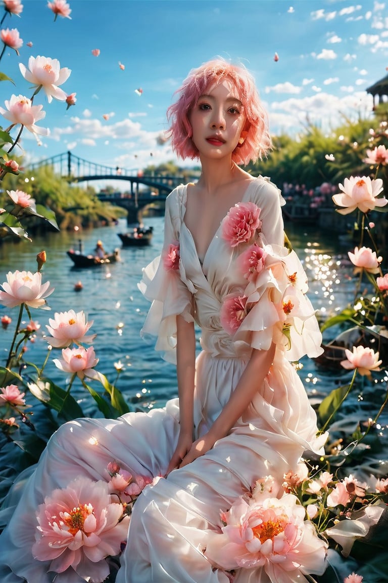 (masterpiece:1.3),  (8K,  realisticlying,  RAW photogr,  Best quality at best: 1.4),  ,  ultra - detailed,  Cinematic lighting,  HighDynamicRange,  (magic girl),  Xunisheying,  1girl artist name blue sky blurry blurry background blurry foreground boat bouquet branch breasts bridge cherry blossoms closed eyes daisy day depth of field dress flower lily \(flower\) lily pad lips lotus motion blur outdoors petals photo \(medium\) pink flower pink hair pink rose realistic short hair sitting sky solo spring \(season\) water watercraft white dress white flower , (( Normal arms,  normal hands,  5 fingers per hand:1.5)), ((Beautiful eyes,  big eyes,  HD details)),<lora:EMS-225251-EMS:1.000000>