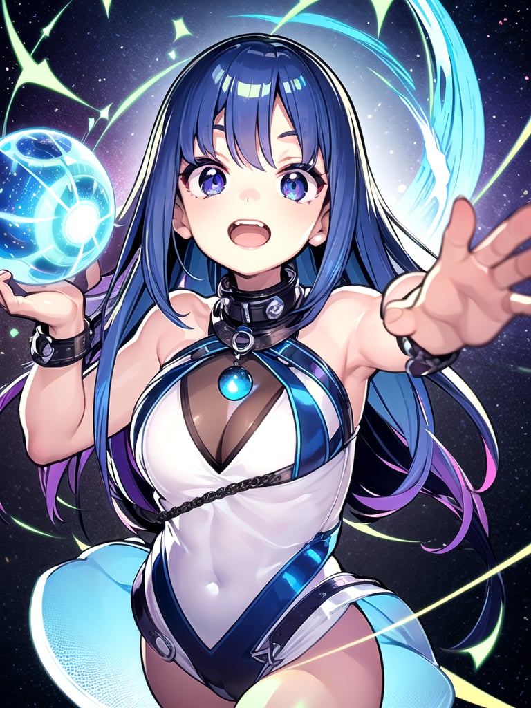 masterpiece,best quality,highly detailed, 1girl, solo, aura, open mouth, charging blue energy ball holding double hands, space