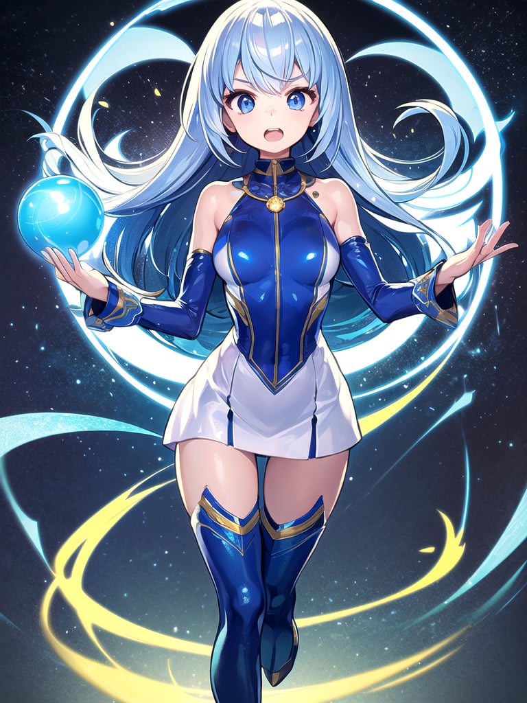 masterpiece,best quality,highly detailed, 1girl, solo, aura, open mouth, charging blue energy ball holding double hands, space