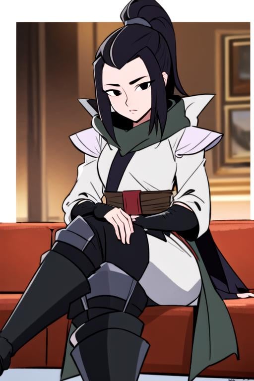 masterpiece, best quality, <lora:hamato_karai:0.7>  1girl, solo, looking at viewer, black hair, long hair, ponytail, black eyes, ponytail, hood down, white shirt, fingerless gloves, elbow gloves, black gloves, long sleeves, pants, boots, forehead, shoulder pads, pelvic curtain, sash, sitting, crossed legs,  indoors,  detailed, raytracing, ultra detailed,detailed face, 8k wallpaper,