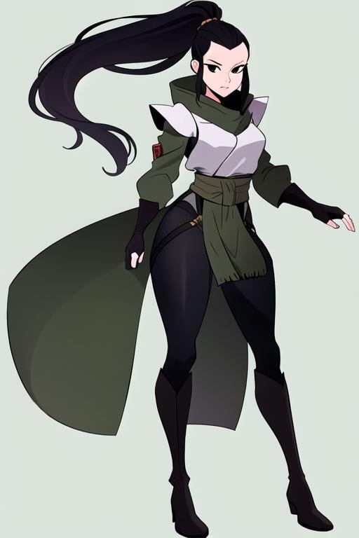 masterpiece, best quality, <lora:hamato_karai:0.7>  1girl, solo, looking at viewer, black hair, long hair, ponytail, black eyes, ponytail, hood down, white shirt, fingerless gloves, elbow gloves, black gloves, long sleeves, green background, pants, boots, forehead, shoulder pads, pelvic curtain, sash,  detailed, raytracing, ultra detailed,detailed face, 8k wallpaper,