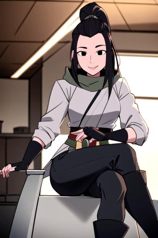 masterpiece, best quality, <lora:hamato_karai:0.7>  1girl, solo, looking at viewer, smile, black hair, long hair, ponytail, black eyes, ponytail, hood down, white shirt, fingerless gloves, elbow gloves, black gloves, long sleeves, pants, boots, forehead, shoulder pads, pelvic curtain, sash, sitting, crossed legs,  indoors,  detailed, raytracing, ultra detailed,detailed face, 8k wallpaper,