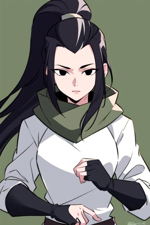 masterpiece, best quality, <lora:hamato_karai:0.7>  1girl, solo, looking at viewer, black hair, long hair, ponytail, black eyes, ponytail, hood down, white shirt, fingerless gloves, elbow gloves, black gloves, long sleeves, green background, glowing, upper body, forehead, 