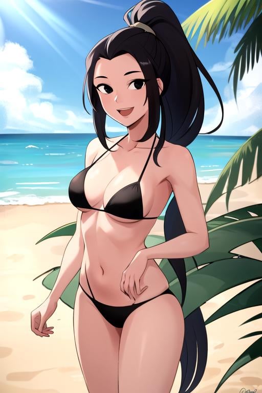 masterpiece, best quality, <lora:hamato_karai:0.7>  1girl, solo, looking at viewer, smile, black hair, looking at viewer,  long hair, ponytail, black eyes, ponytail, bikini, outdoors, beach, sunlight, open mouth, 