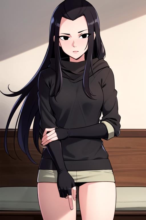 masterpiece, best quality, <lora:hamato_karai:0.7>  1girl, solo, looking at viewer, black hair, long hair, hair down, forehead, looking at viewer, black eyes, hood down, black sweater, long sleeves, fingerless gloves, elbow gloves, black gloves, indoors, sidelocks, 